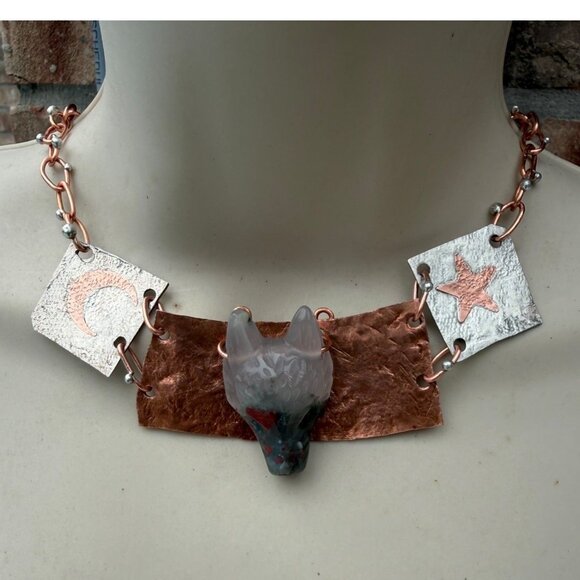 Handcrafted Bloodstone Wolf Necklace Upcycled Copper & Silver Statement Jewelry - Picture 8 of 15